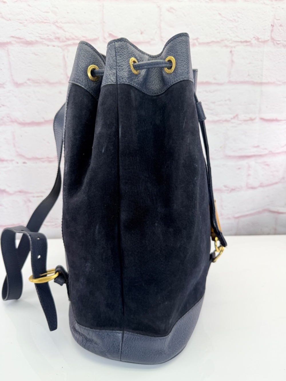 Gucci Navy Suede Bamboo Vintage Drawstring Backpack - Picture 4 of 15